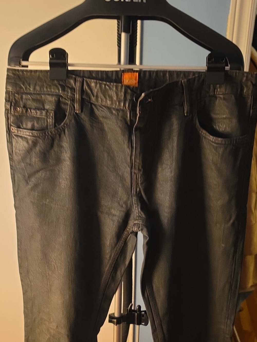 Hugo Boss Orange Slim Straight Men's Faux-Leather Jeans - Black